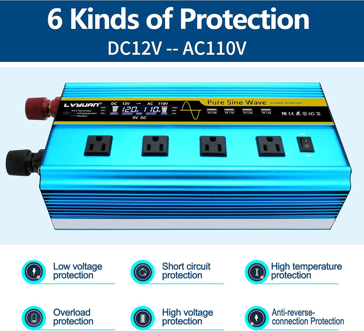 Pure Sine Wave Inverter 2500 Watt 12V to 110V DC to AC with Remote Controller LCD Display 4 AC Sockets 4 USB Charge Ports O145225