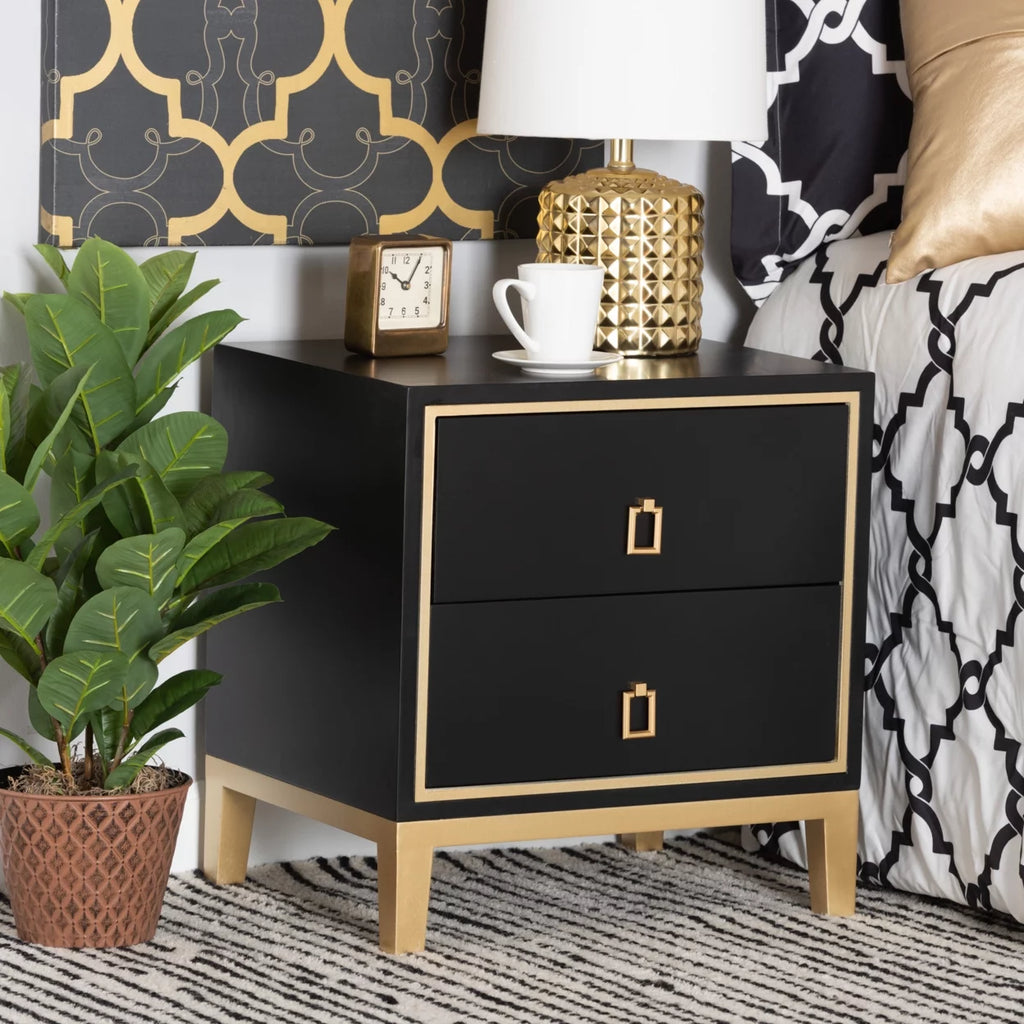Black Wood and Gold Metal 2-Drawer End Table R37131