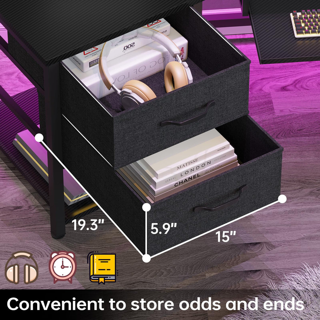 Black L Shaped Gaming Desk with LED Lights, Power Strip, 2 Fabric Drawers, Storage Shelf, Keyboard Tray S8951