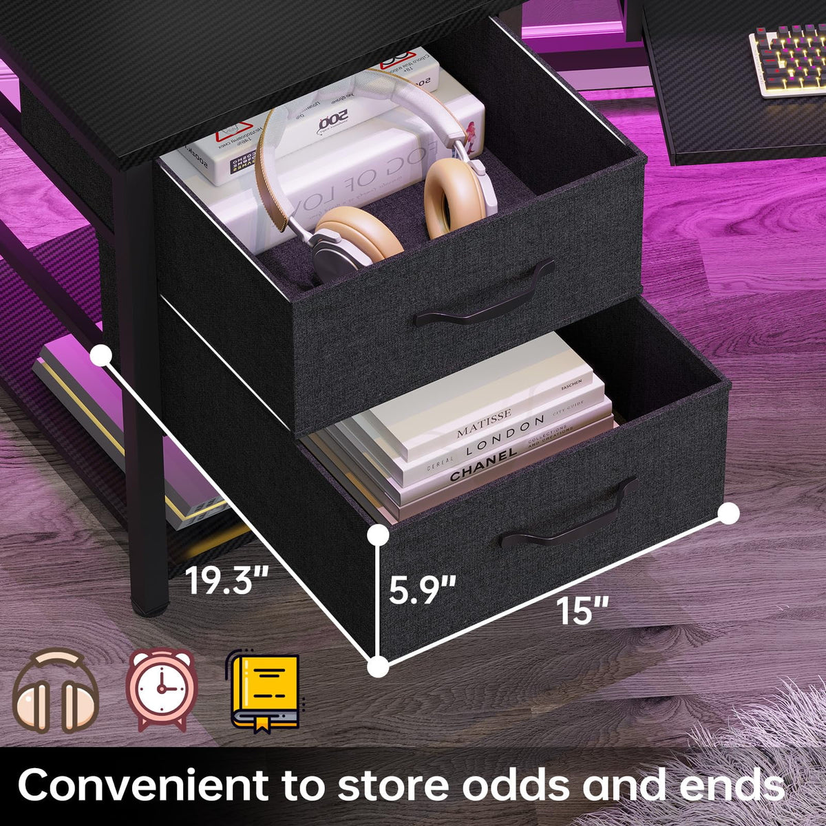 Black L Shaped Gaming Desk with LED Lights, Power Strip, 2 Fabric Drawers, Storage Shelf, Keyboard Tray S8951