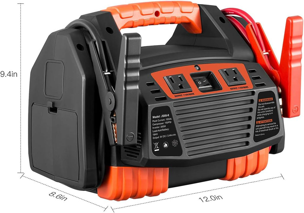 Portable Car Jump Starter 1000 Peak Amp 12-Volt with 1-USB 1-12V Power Ports & 150 PSI Air Compressor E5870