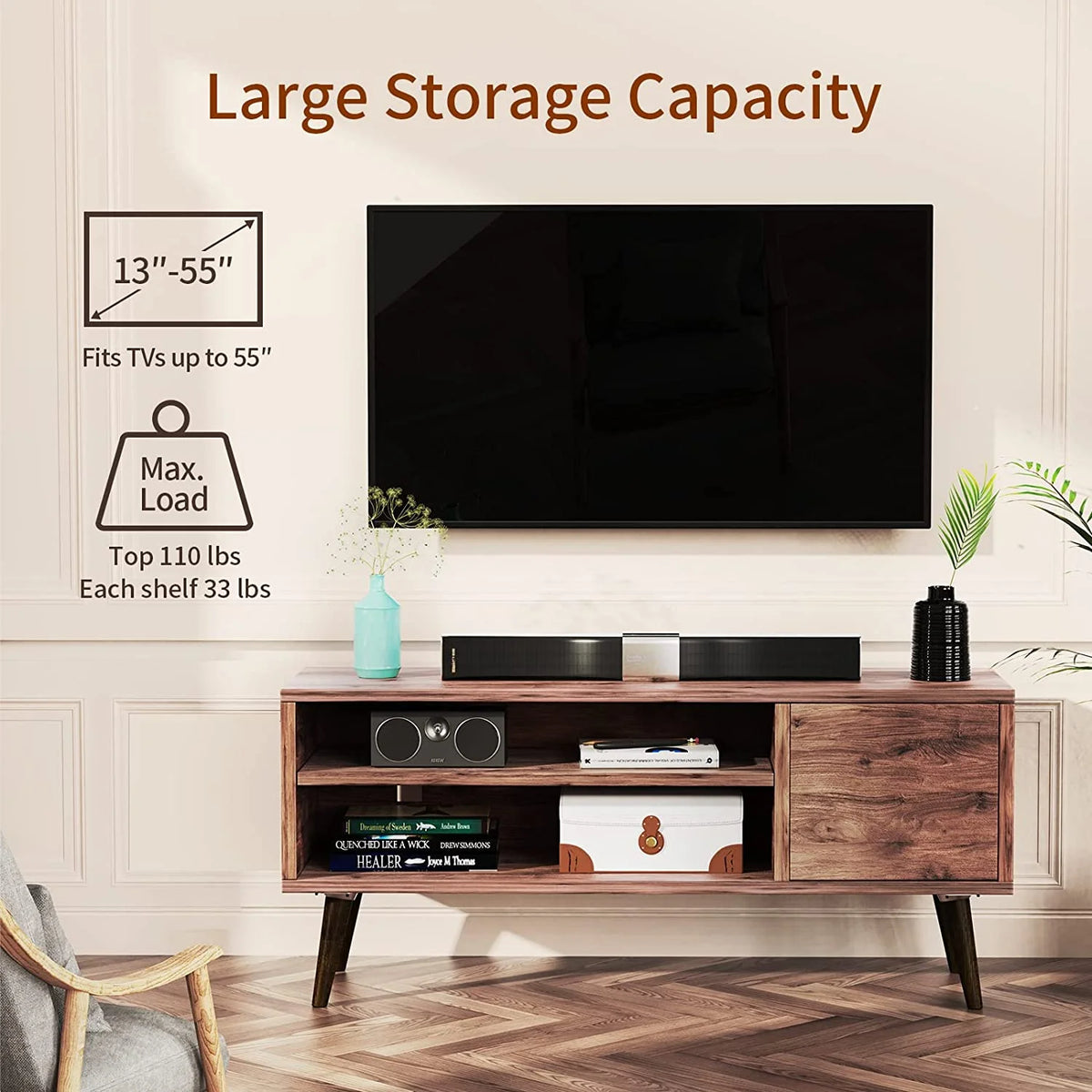 Walnut TV Stand with Storage Cabinet for TVs up to 55 inch W95931