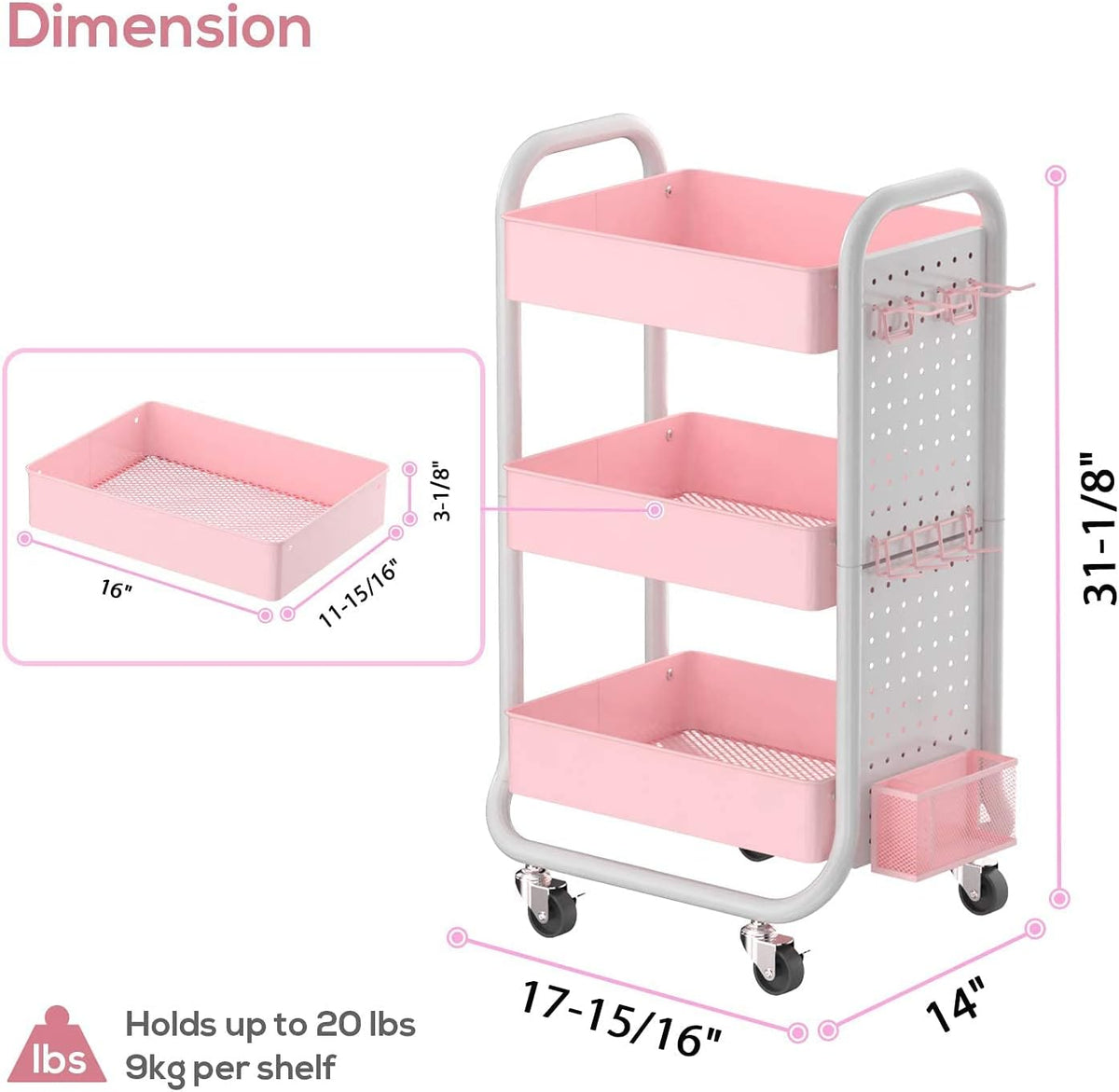 3 Tier Rolling Metal Utility Cart with Hooks Storage Bins Y4016