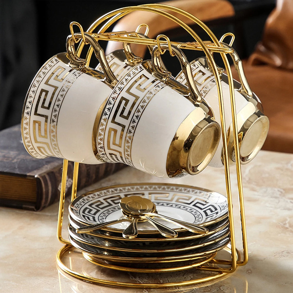 13 Pcs White Coffee Cup Set with Golden Trim R343580