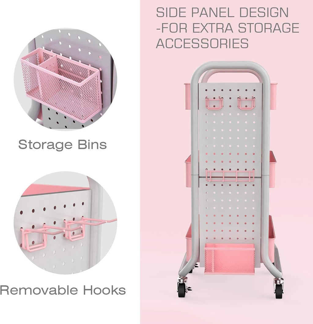 3 Tier Rolling Metal Utility Cart with Hooks Storage Bins Y4016