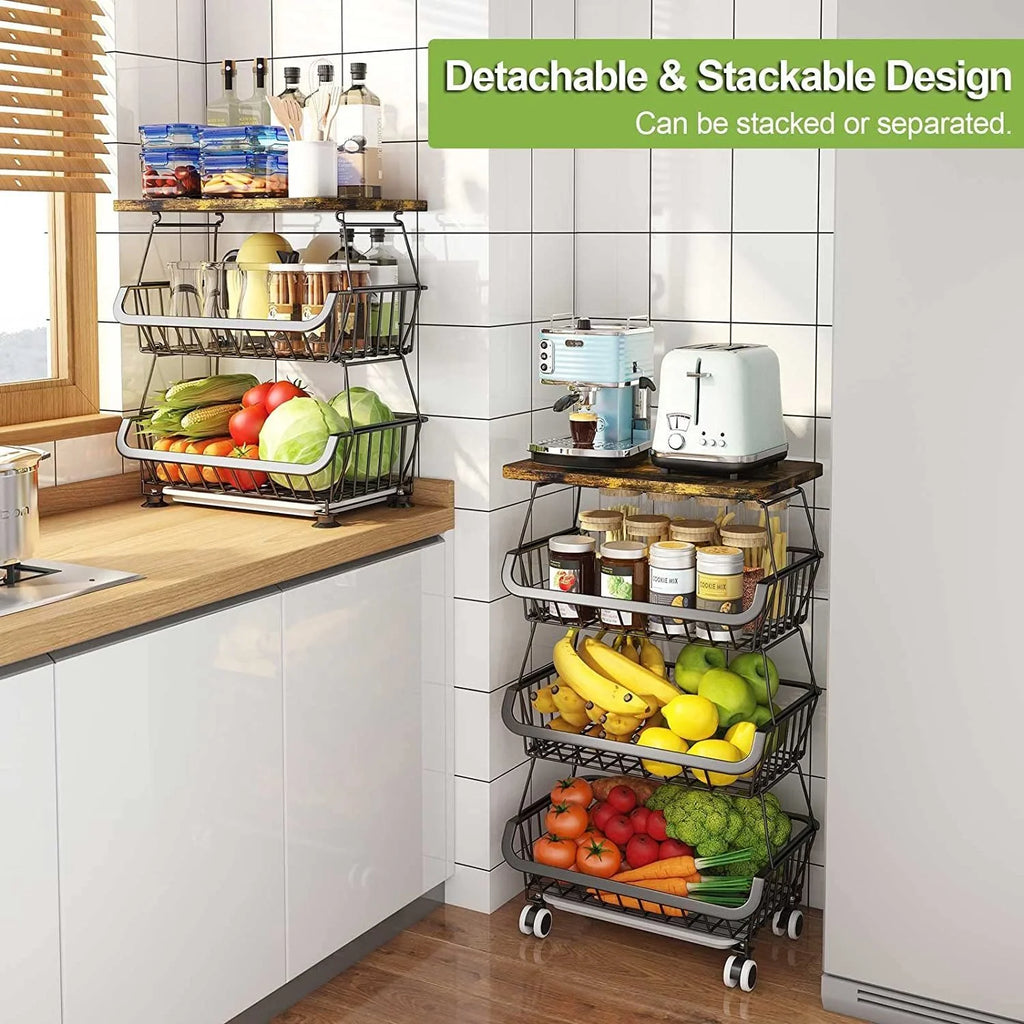 4 Tier Fruit Vegetable Cart with Solid Wood and Rollers W643