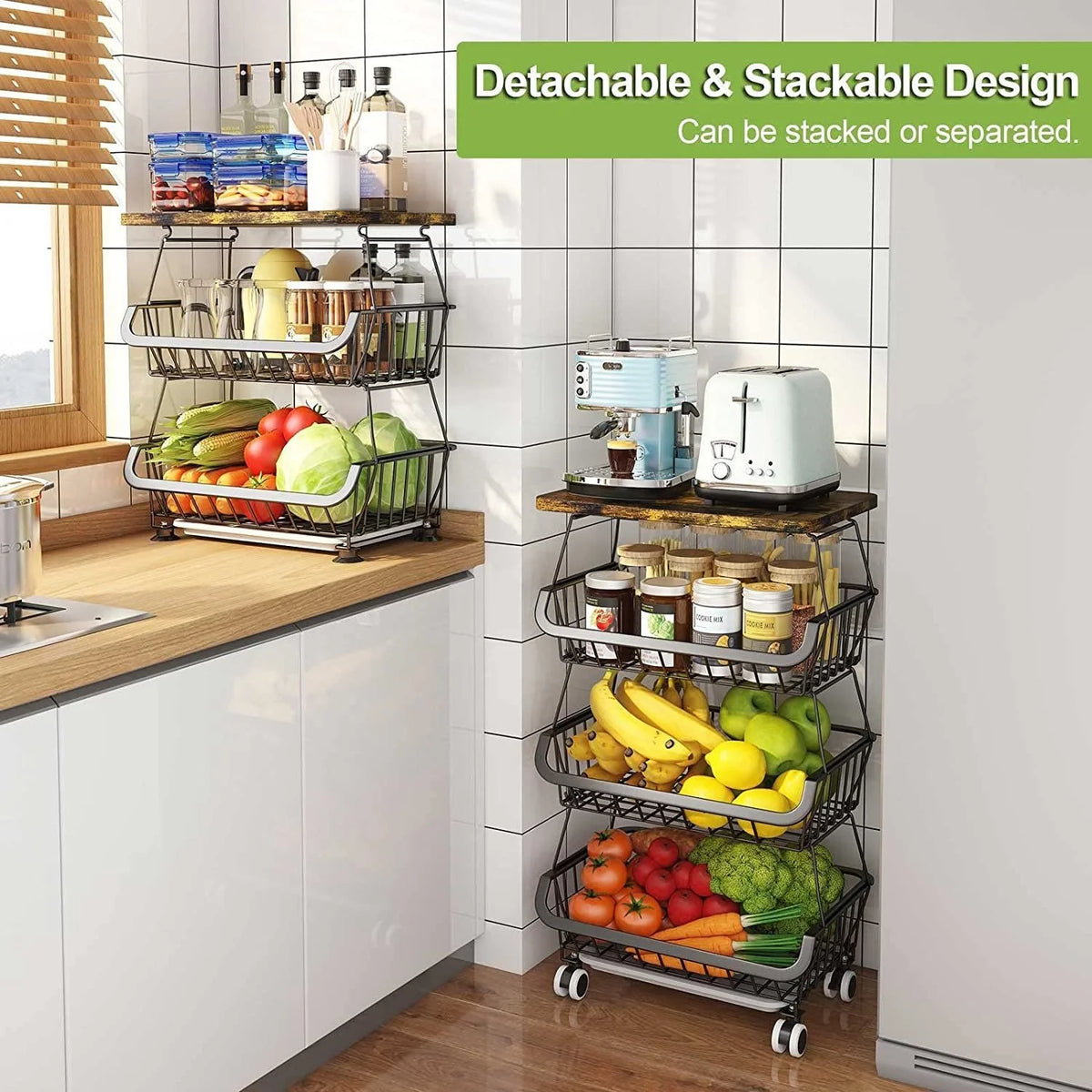 4 Tier Fruit Vegetable Cart with Solid Wood and Rollers W643