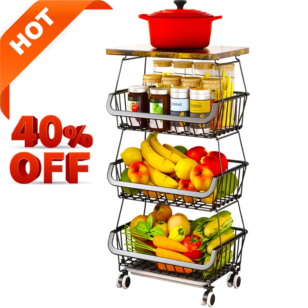 4 Tier Fruit Vegetable Cart with Solid Wood and Rollers W643