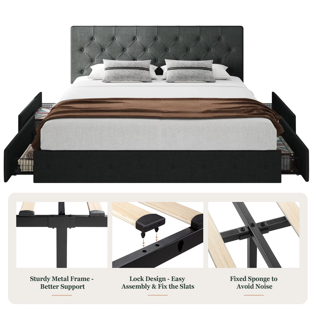 King Size Platform Bed Frame with Headboard and 4 Drawers, Dark Grey P213565