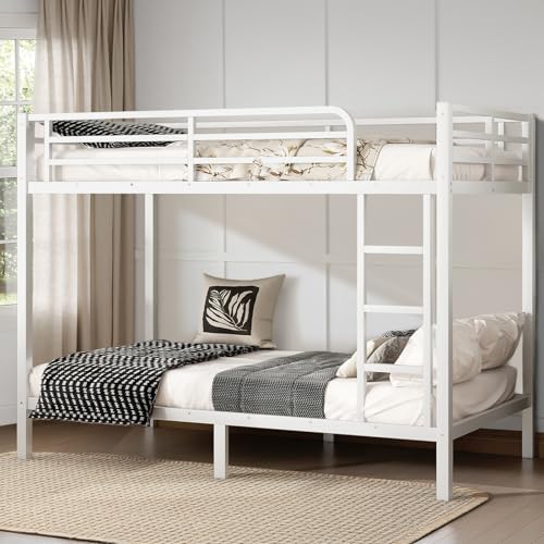 Twin XL Over Twin XL Black Metal Bunk Bed with Ladder and Guardrail V9807