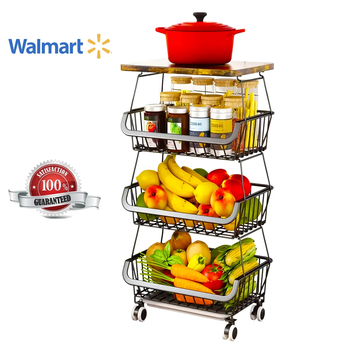 4 Tier Fruit Vegetable Cart with Solid Wood and Rollers W643