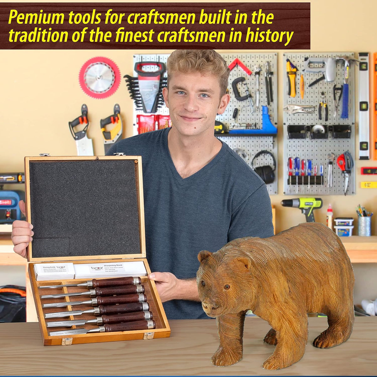 8 Piece Wood Chisel Set with Walnut Handles, Chrome Vanadium Blades, Sharpening Stone, Honing Guide, Wooden Storage Case V909053