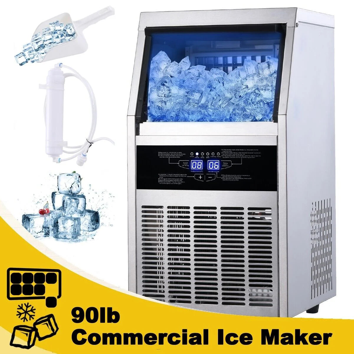 Commercial Ice Maker 90lb Stainless Steel Built-in Cube Machine K22032