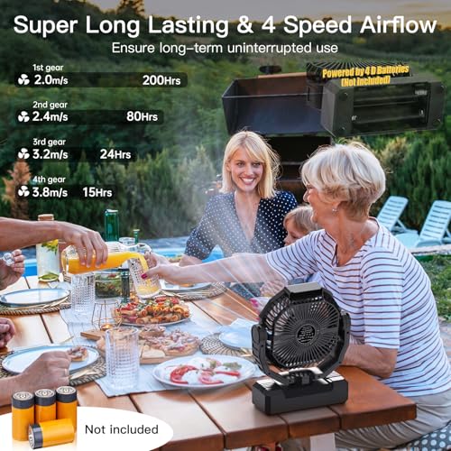 Portable Camping Fan with 4 Speeds, Light, Timer, Remote - Black Q2897