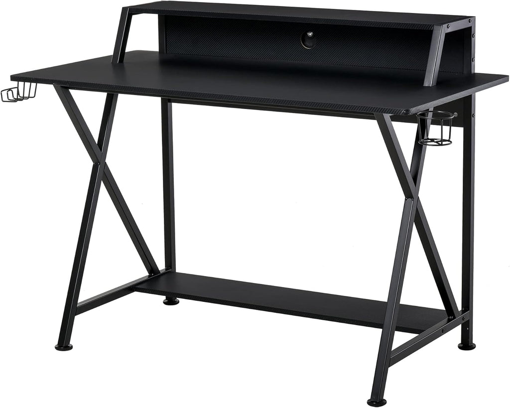 Black Carbon Fiber Style Gaming Desk with Elevated Monitor Shelf I680