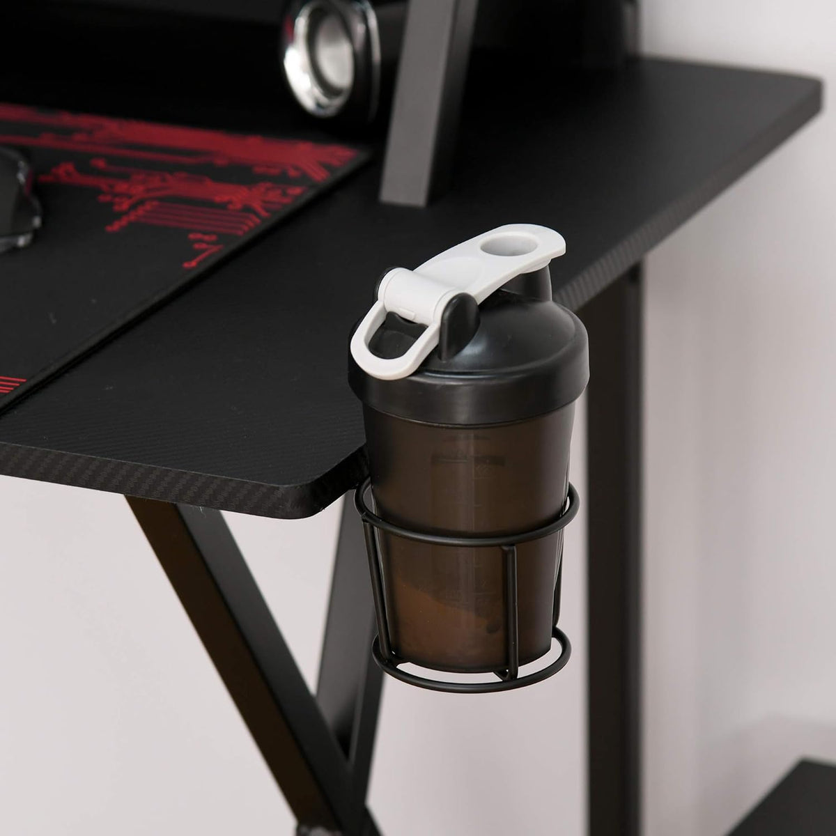 Black Carbon Fiber Style Gaming Desk with Elevated Monitor Shelf I680