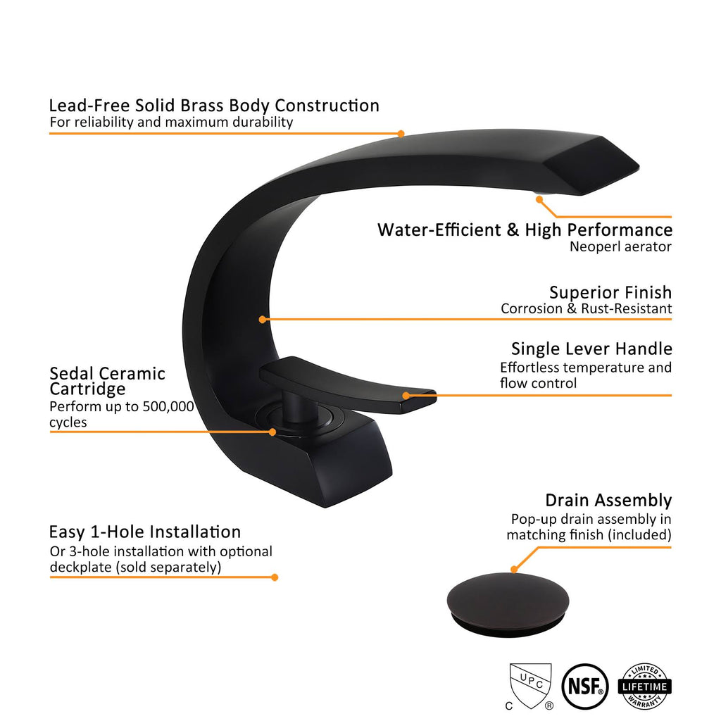 Matte Black 1-Handle Sink Faucet with Pop Up Drain D836