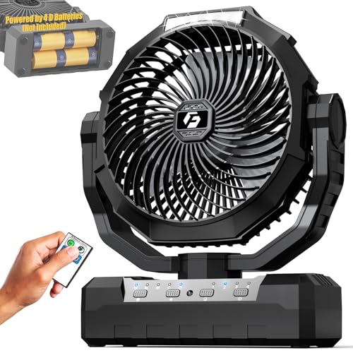 Portable Camping Fan with 4 Speeds, Light, Timer, Remote - Black Q2897