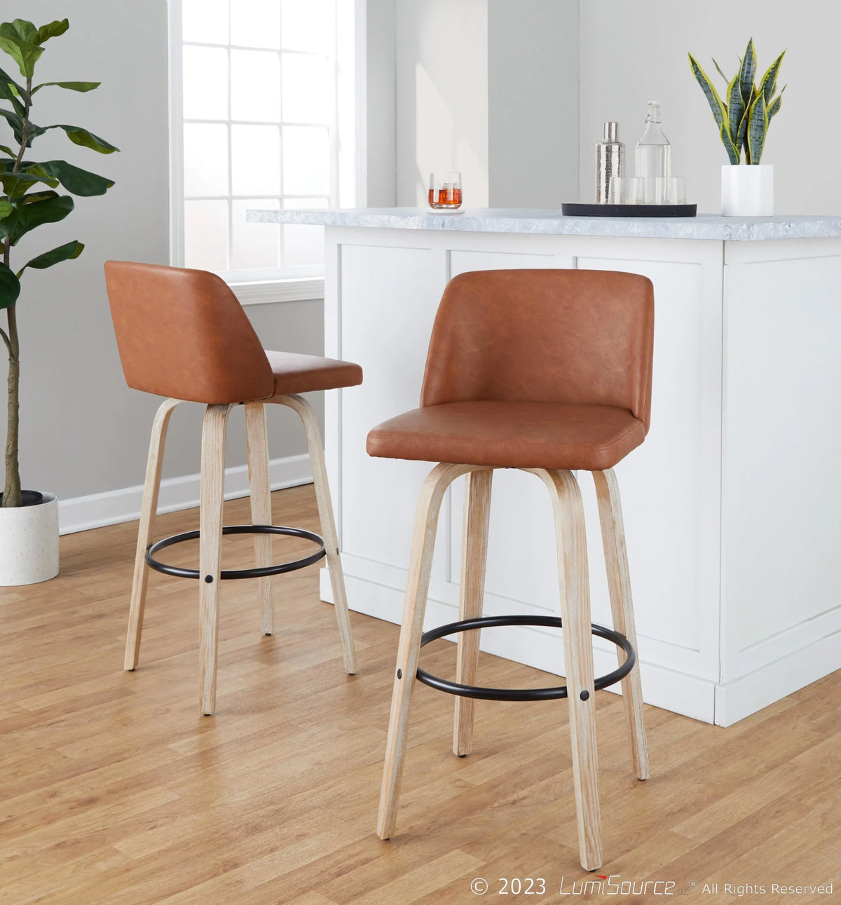 White Washed Wood Camel Faux Leather Swivel Barstool Set of 2 N613