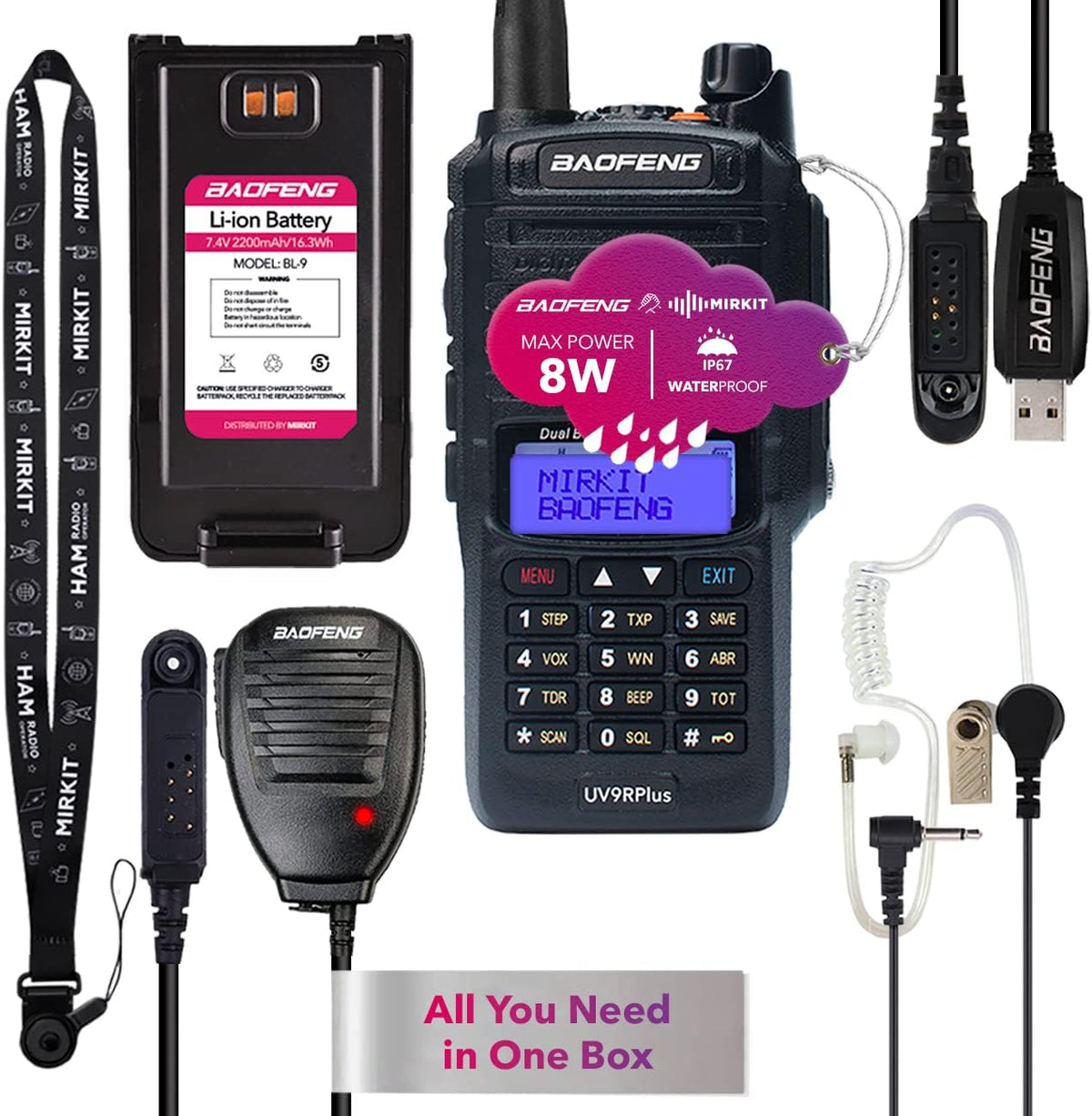 2pcs Waterproof Handheld Radio with USB Programming Cable & 2200mAh Battery, IP67 T8020