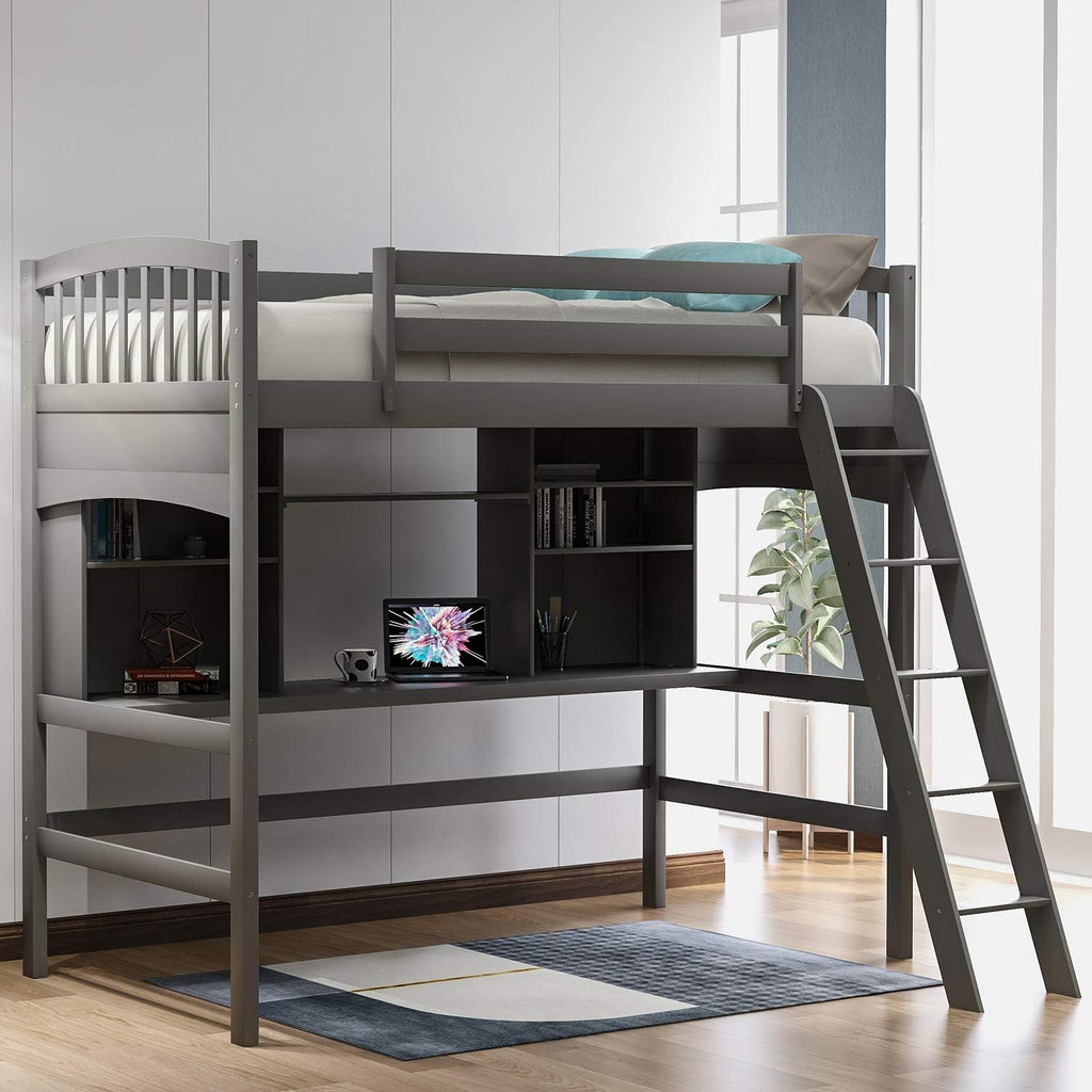 Twin Size Solid Wood Loft Bed with Desk and Storage Shelves C52120