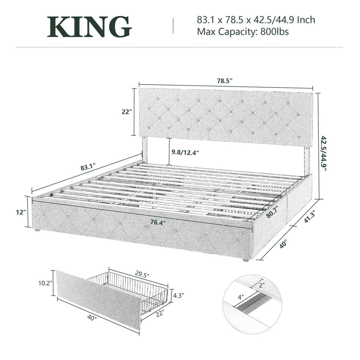 King Size Platform Bed Frame with Headboard and 4 Drawers, Dark Grey P213565