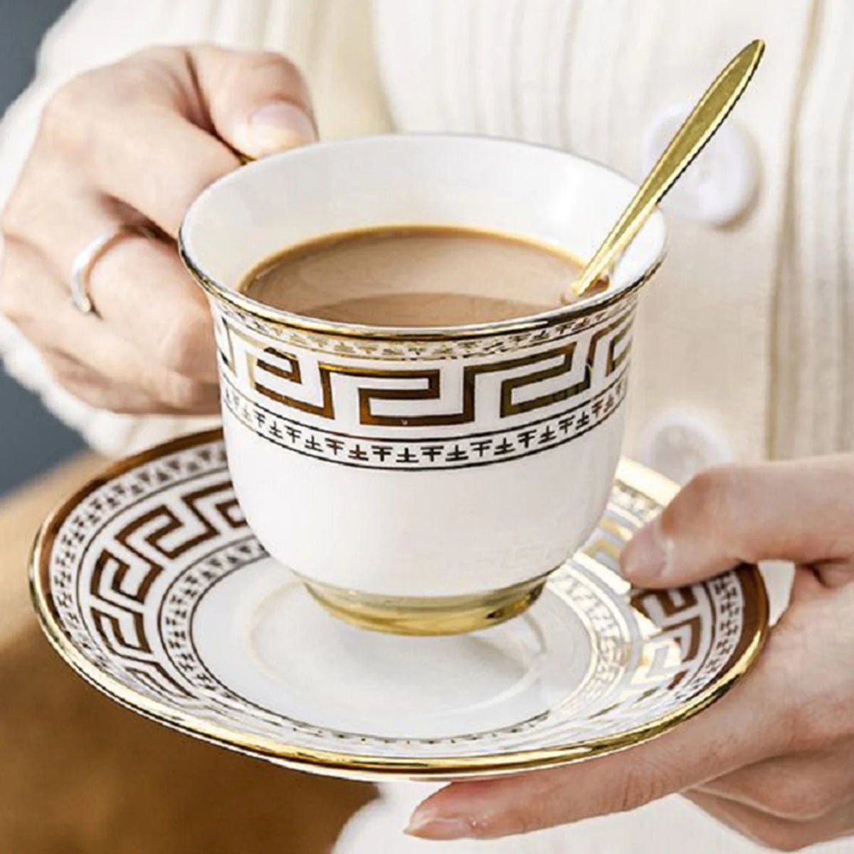 13 Pcs White Coffee Cup Set with Golden Trim R343580