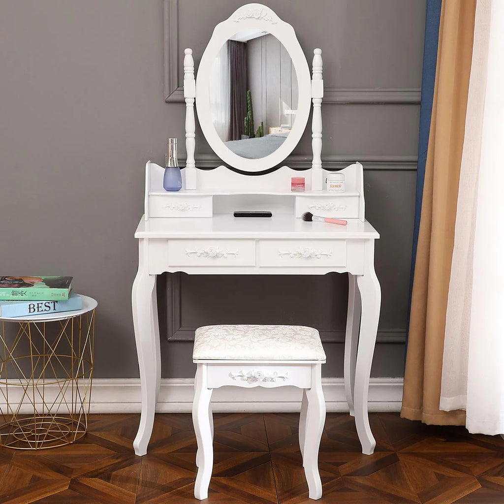 White Dressing Table and Stool Set with 4 Drawers & Mirror X2770