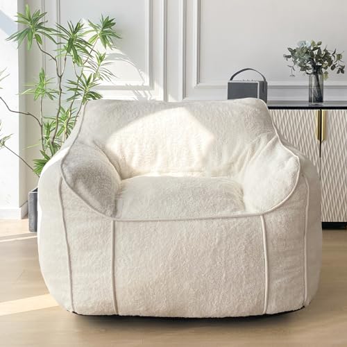 Beige Large Fluffy Bean Bag Chair with Armrest V619