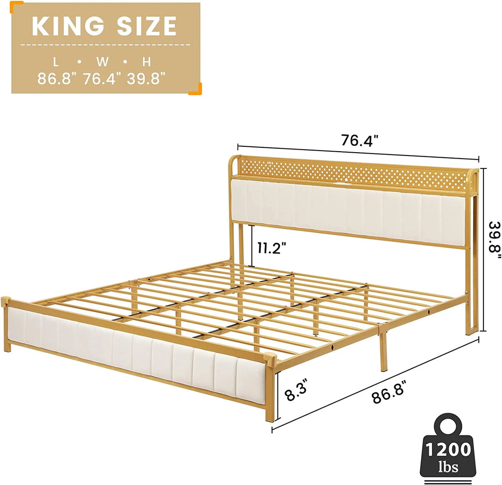 King Size White Upholstered Bed Frame with Charging Station Z3582