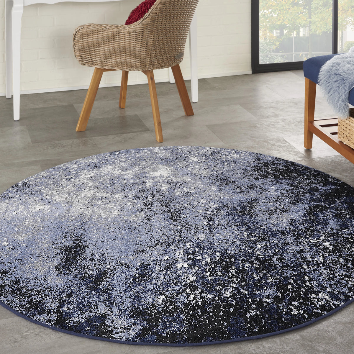 Light Blue Black Round Area Rug Z1821