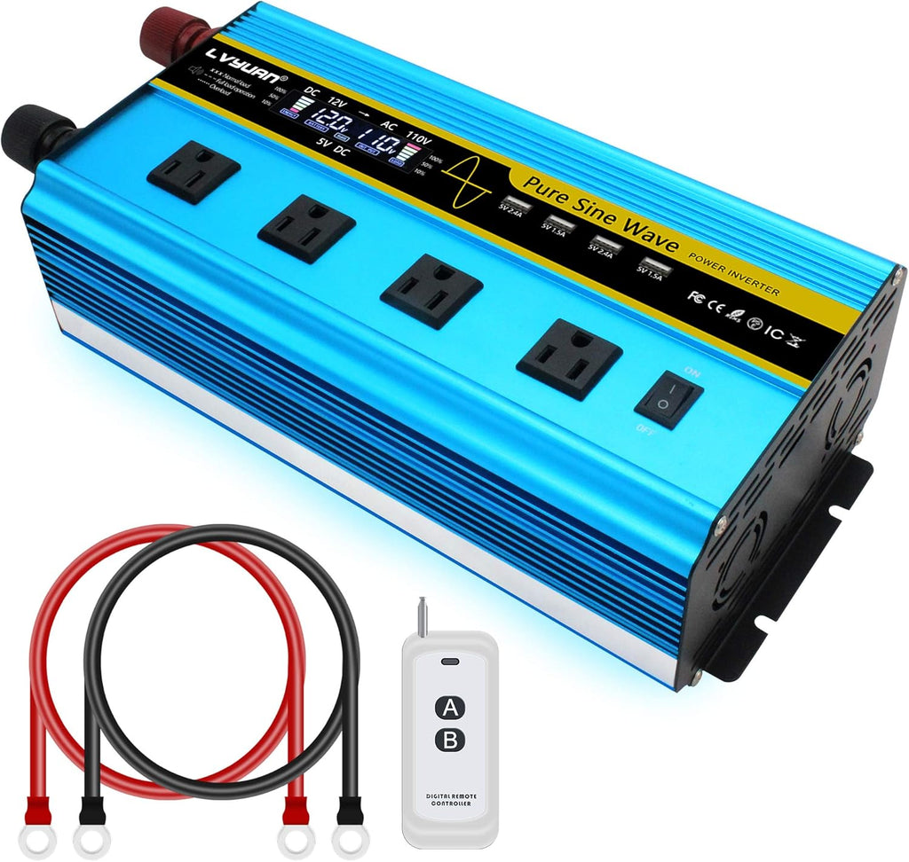 Pure Sine Wave Inverter 2500 Watt 12V to 110V DC to AC with Remote Controller LCD Display 4 AC Sockets 4 USB Charge Ports O145225