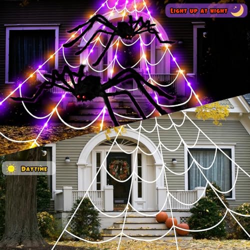 23Ft Orange and Purple LED Light Up Giant Spider Web Halloween Decorations J928150