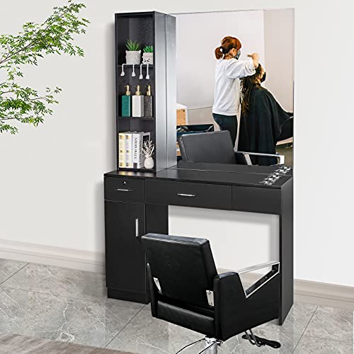 Black Wall Mount Barber Station with Mirror, 2 Drawers, 1 Storage Cabinet, 3 Open Shelves Y560