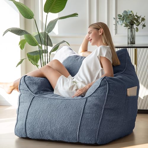 Beige Large Fluffy Bean Bag Chair with Armrest V619