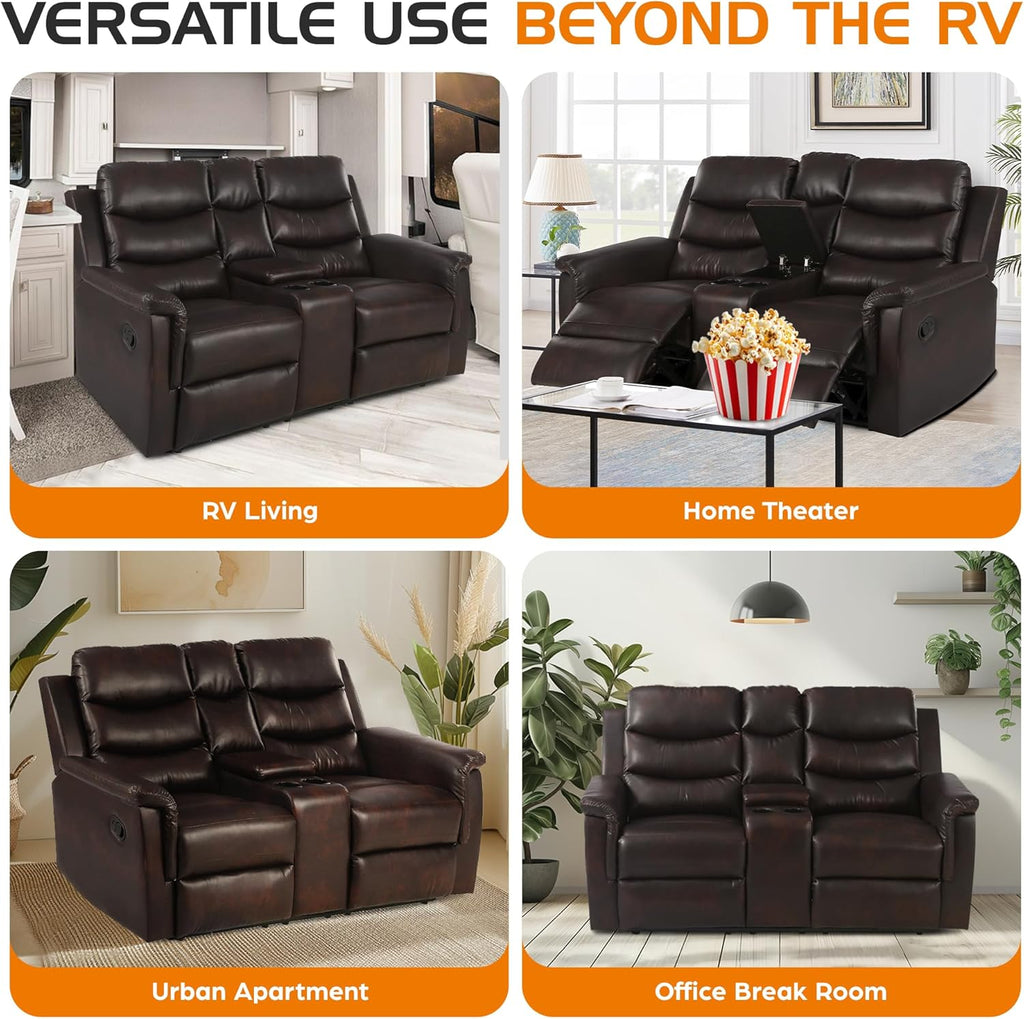 68" Wall Hugger RV Couch with Console Cup Holder Double Seat Reclining Chair Browm C75799