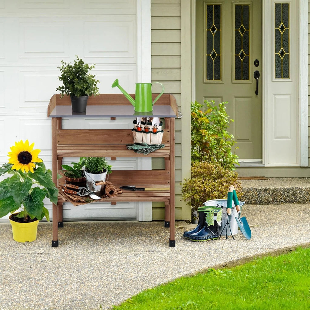 Brown Wooden Potting Bench with Metal Tabletop and Storage Shelf X912
