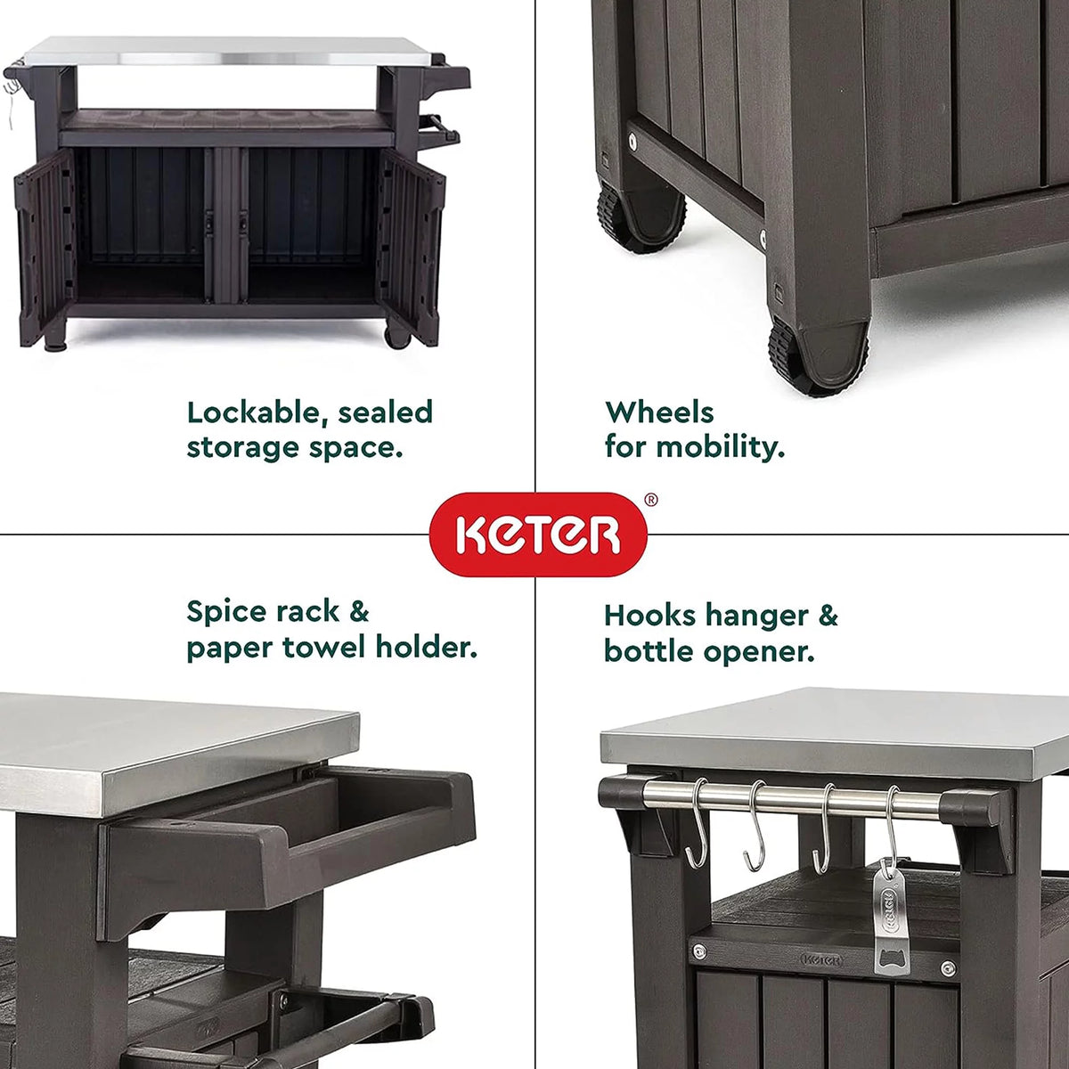 Brown Outdoor Kitchen Bar Rolling Cart with Storage Cabinet T493777