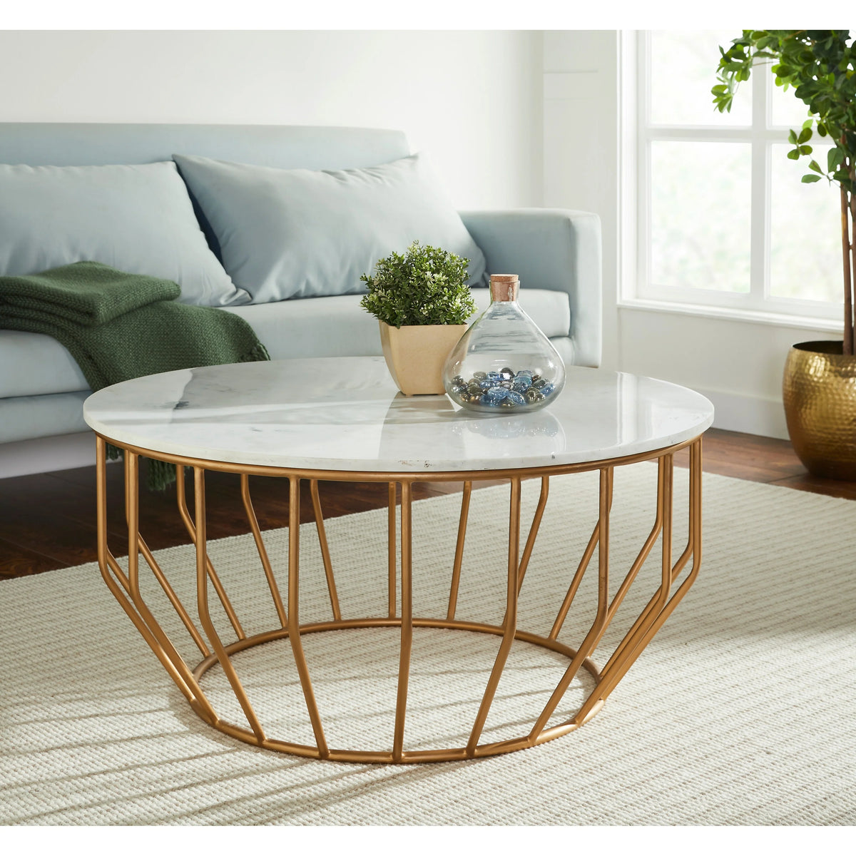 Modern Coffee Table with Real Marble Top and Gold Base R48523