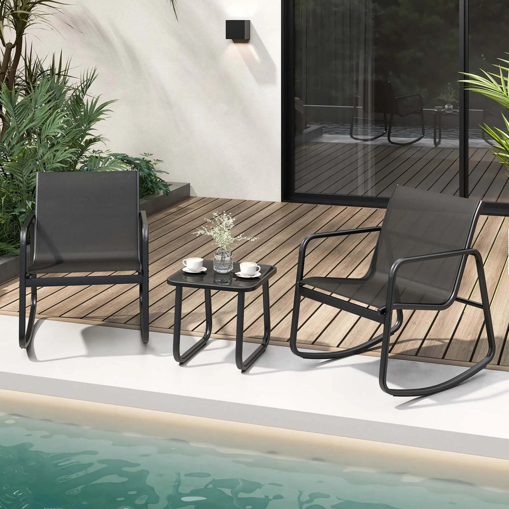 3 Piece Patio Rocking Set 2 Rocking Bistro Chairs & Glass-Top Table H30564