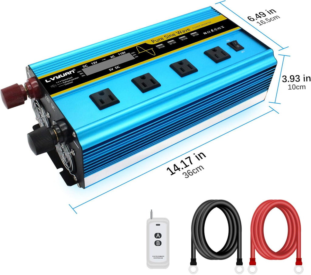 Pure Sine Wave Inverter 2500 Watt 12V to 110V DC to AC with Remote Controller LCD Display 4 AC Sockets 4 USB Charge Ports O145225