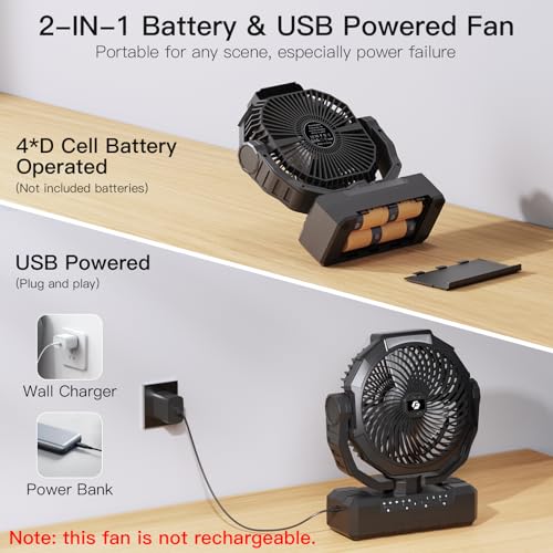 Portable Camping Fan with 4 Speeds, Light, Timer, Remote - Black Q2897