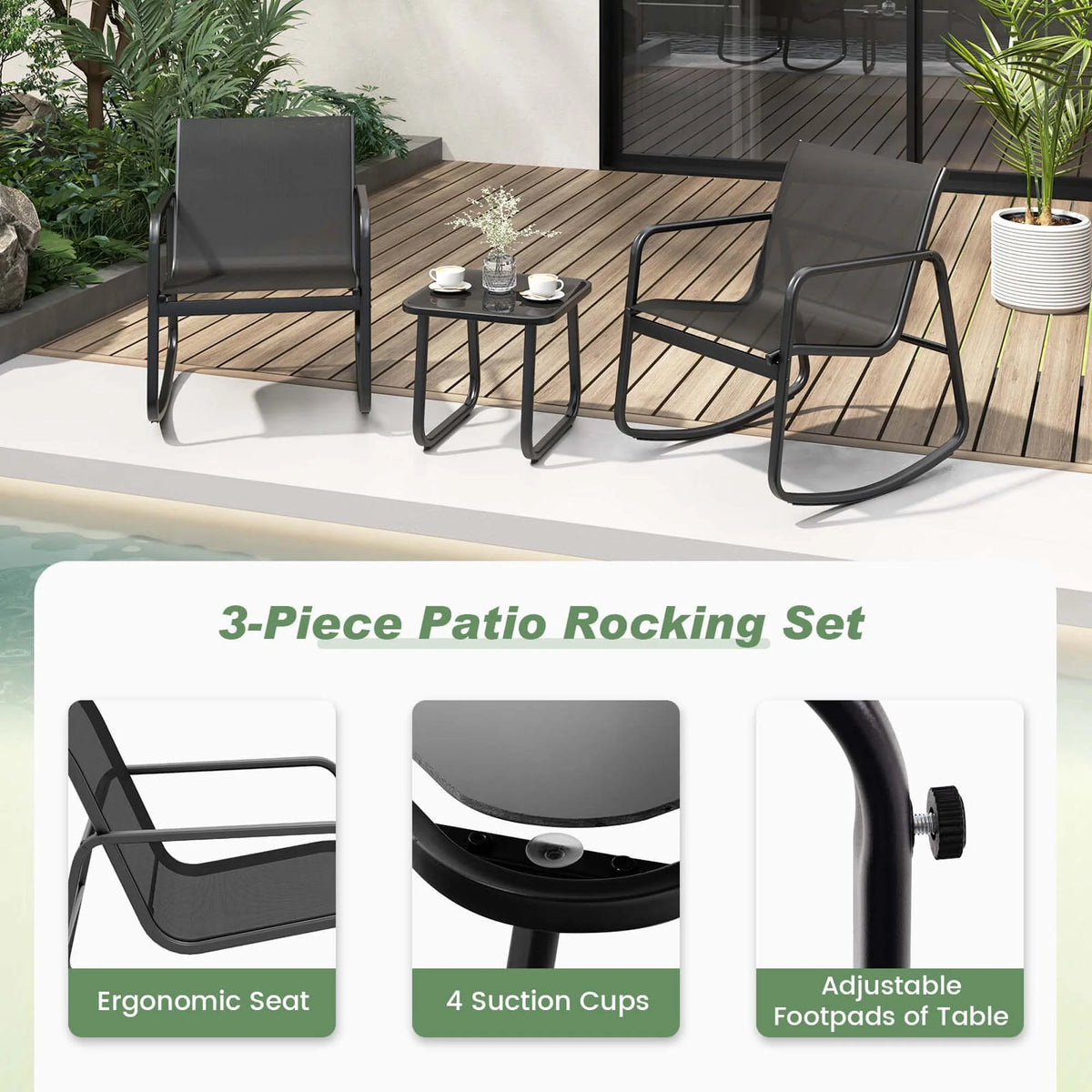 3 Piece Patio Rocking Set 2 Rocking Bistro Chairs & Glass-Top Table H30564