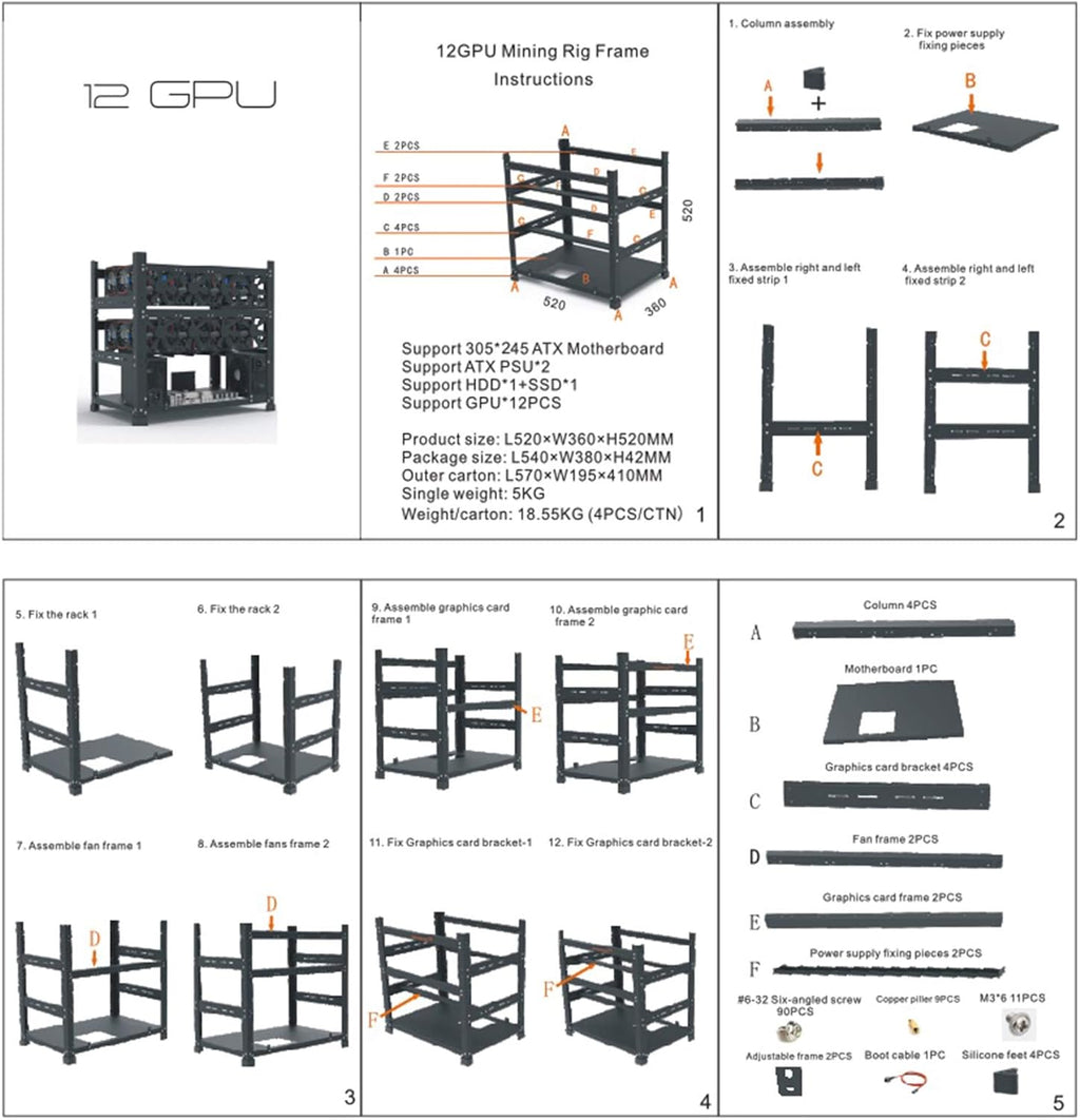 Mining Rig Frame for 12 GPU Open Mining Case Rack R90163