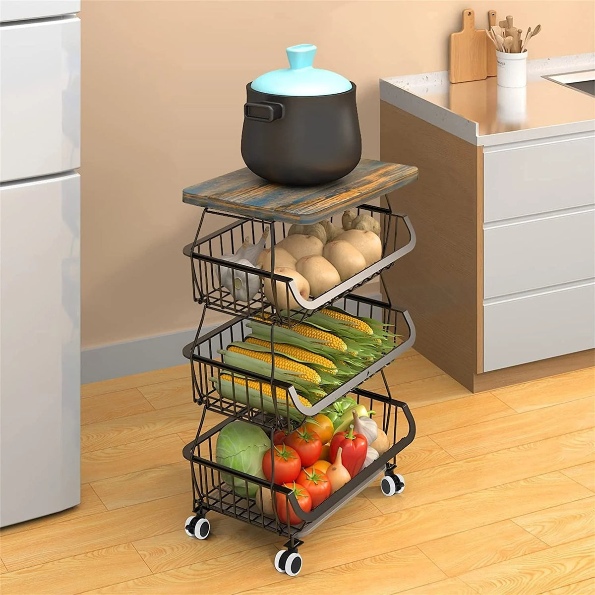 4 Tier Fruit Vegetable Cart with Solid Wood and Rollers W643