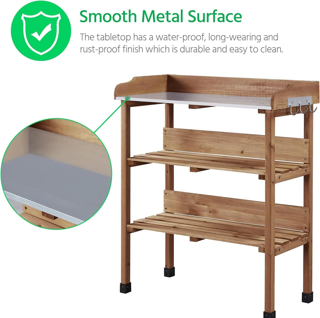 Brown Wooden Potting Bench with Metal Tabletop and Storage Shelf X912