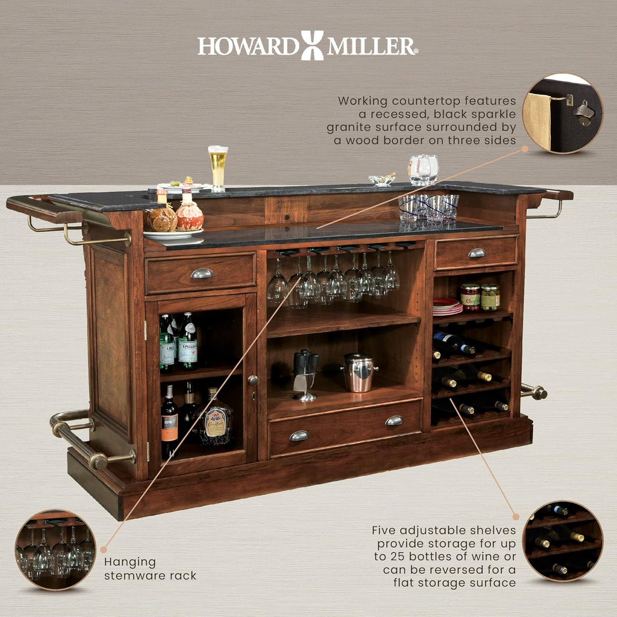 Hampton Cherry Finish Bar with 25 Wine Bottle Storage T6222
