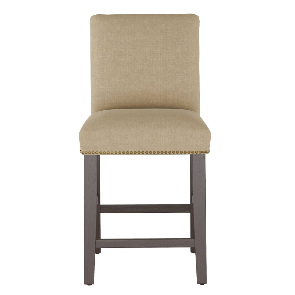 Natural Linen Counter Height Barstool with Brass Nail Buttons U32079