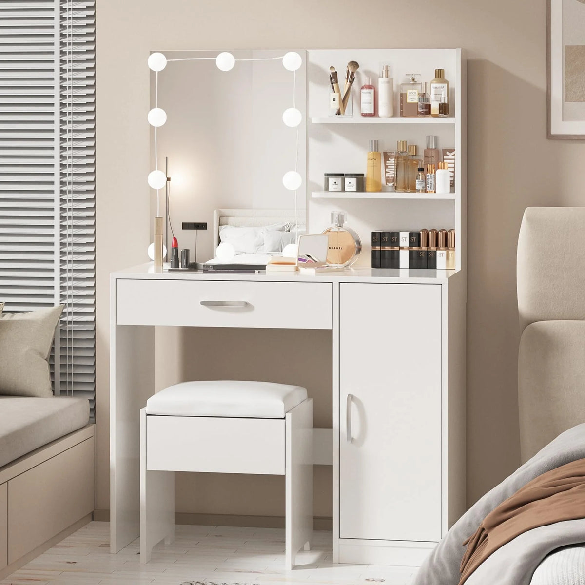 White Makeup Vanity Table Set with Lighted Mirror and Stool R6943