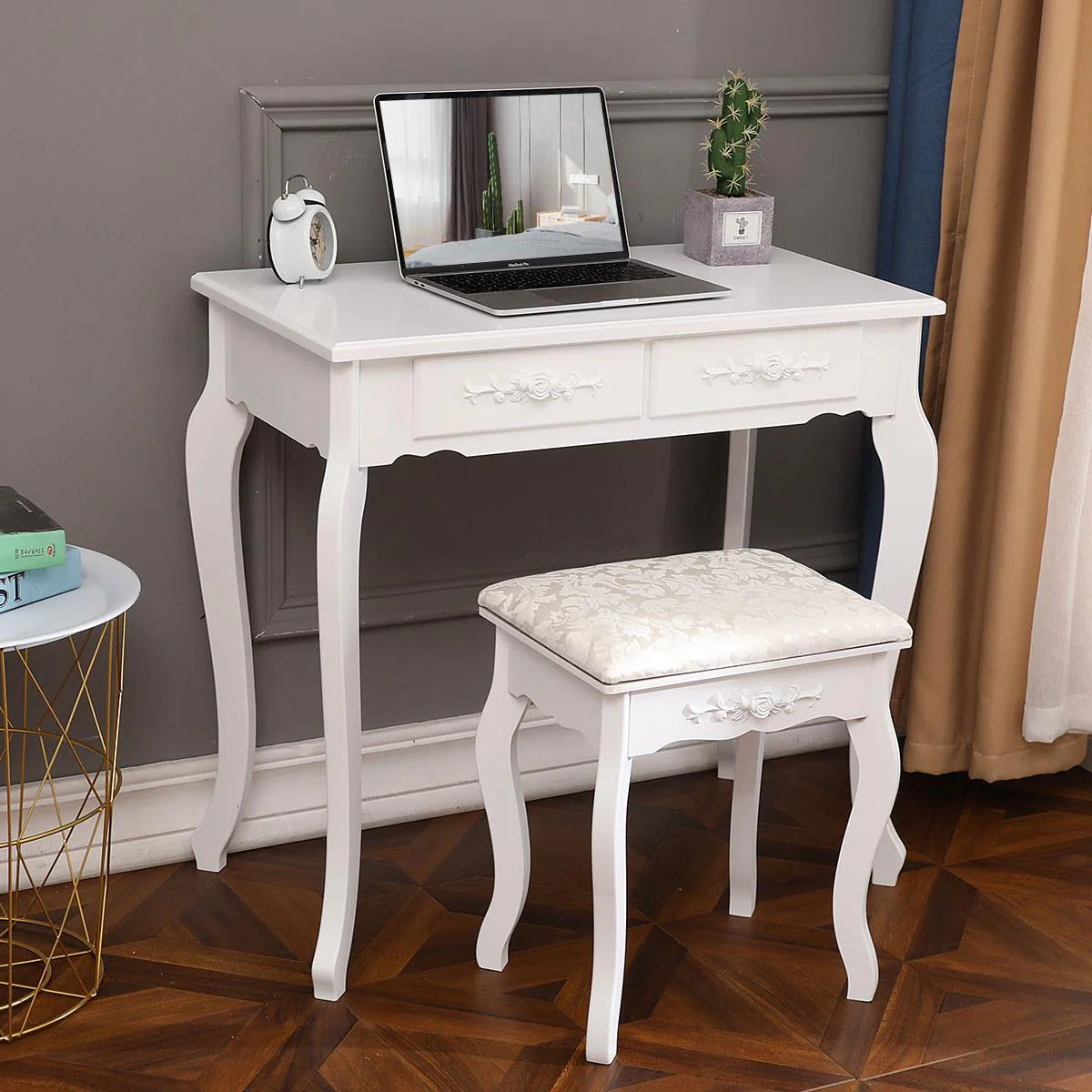 White Dressing Table and Stool Set with 4 Drawers & Mirror X2770
